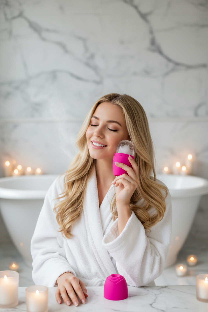 Woman holding hot pink ice roller to face
